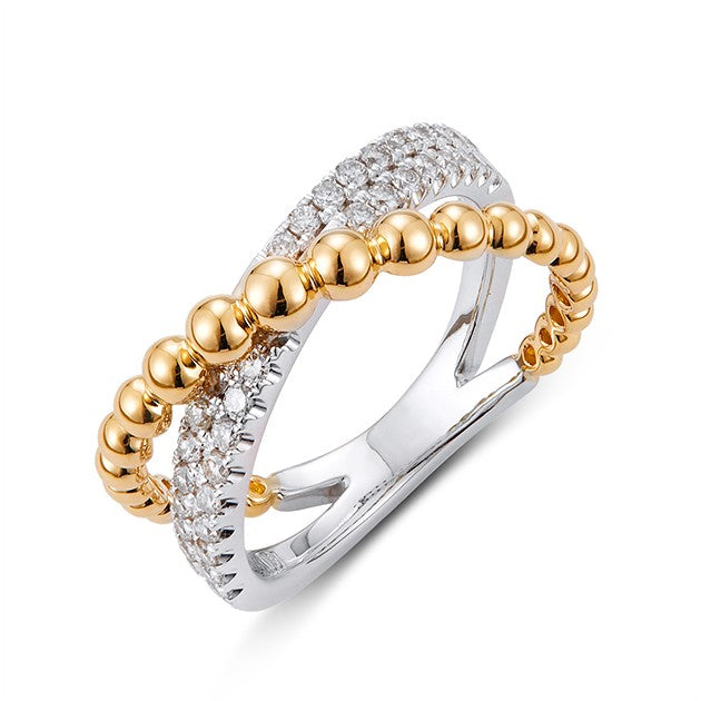 14ct Two Tone Gold Crossover Diamond Beaded Ring TDW 36=0.41 G-I S12