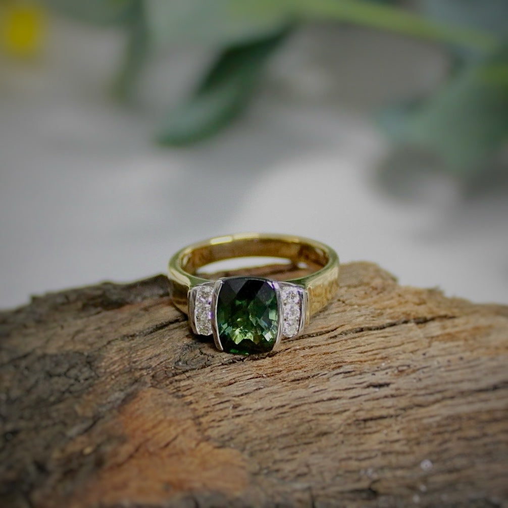 9ct 2 Tone Gold Cushion Green Tourmaline Ring