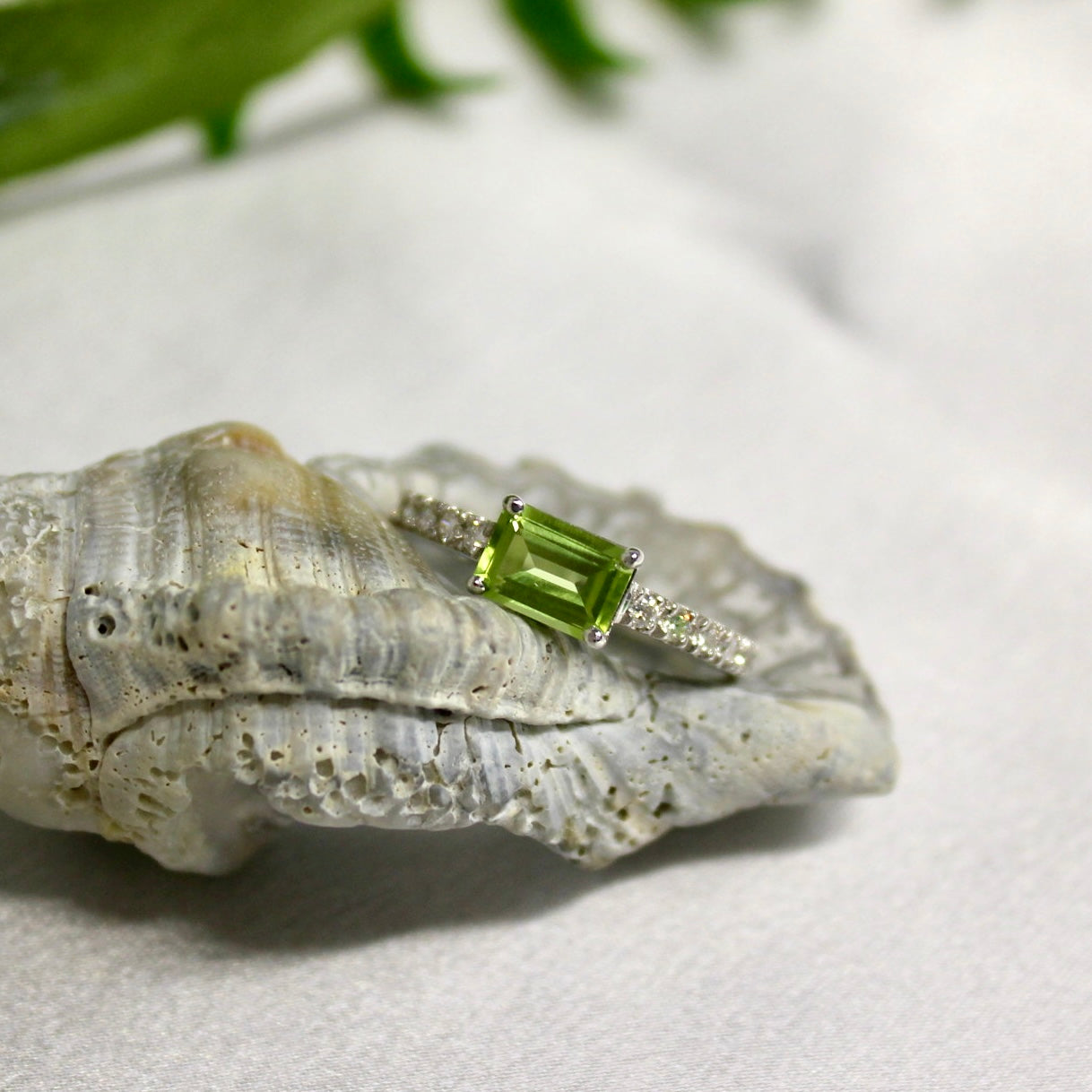 9ct White Gold Emerald Cut Peridot and Diamonds