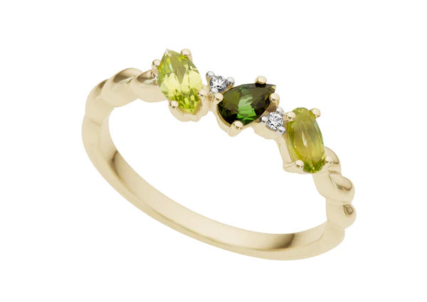 9ct Yellow Gold Peridot &Tourmaline Diamond Scattered Ring