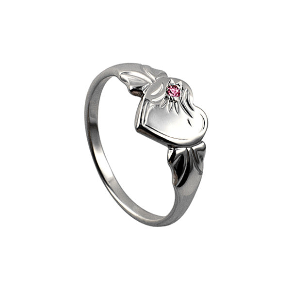 Sterling Silver Single Heart Signet Ring With Purple CZ