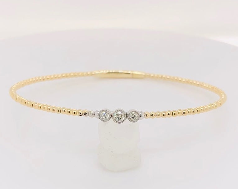 14ct White Gold 3 RBC Diamond Bezel Set Beaded Flexi Bangle TDW 3=0.19 G-I S12