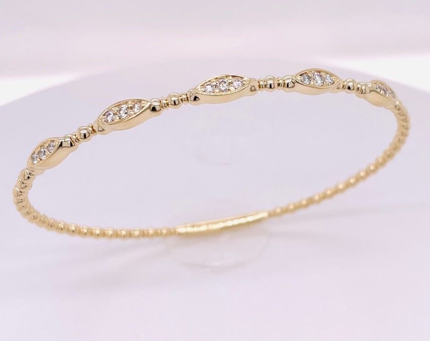 14ct Yellow Gold RBC Diamond Marquise Shape Bead Flexi Bangle TDW 15=0.33 G-I S12
