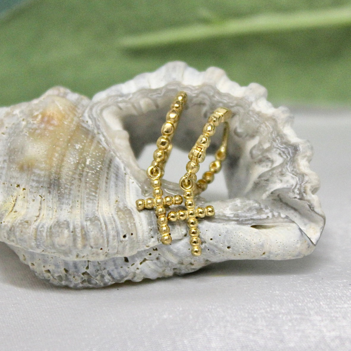 9ct Yellow Gold Bead Cross Drop Huggies