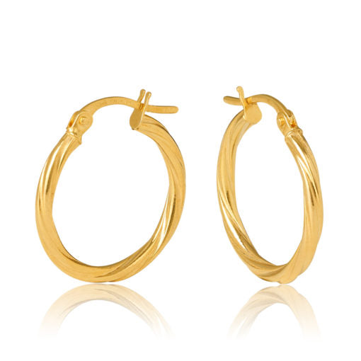 9CT Yellow Gold 2mm Round Twist Tube 15mm Hoop Earrings