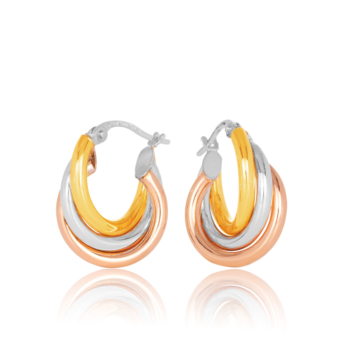 9CT Yell/Wh/Rose Ariano Triple Tube 10mm Diameter Hoop Earrings