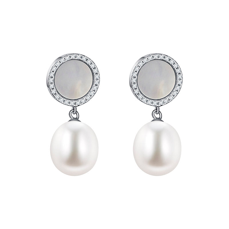 Freshwater Pearl With Round Mother Of Pearl & Cubic Zirconia Earrings