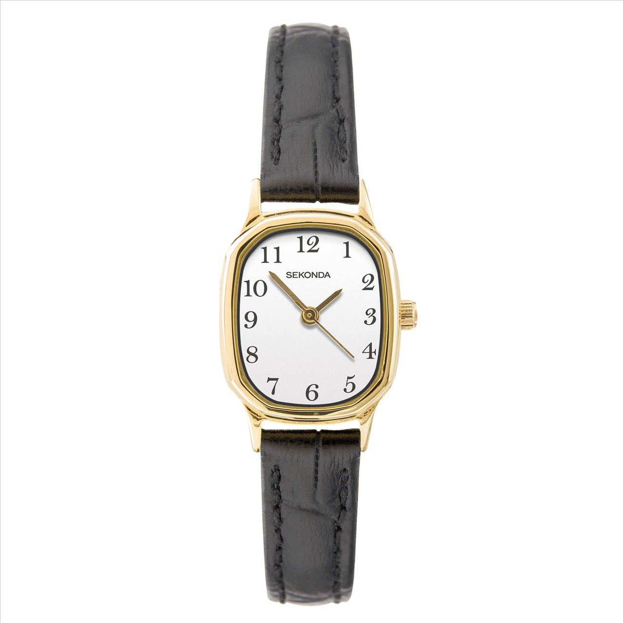 Watch White Dial Gold Case Black Leather Band 22mm