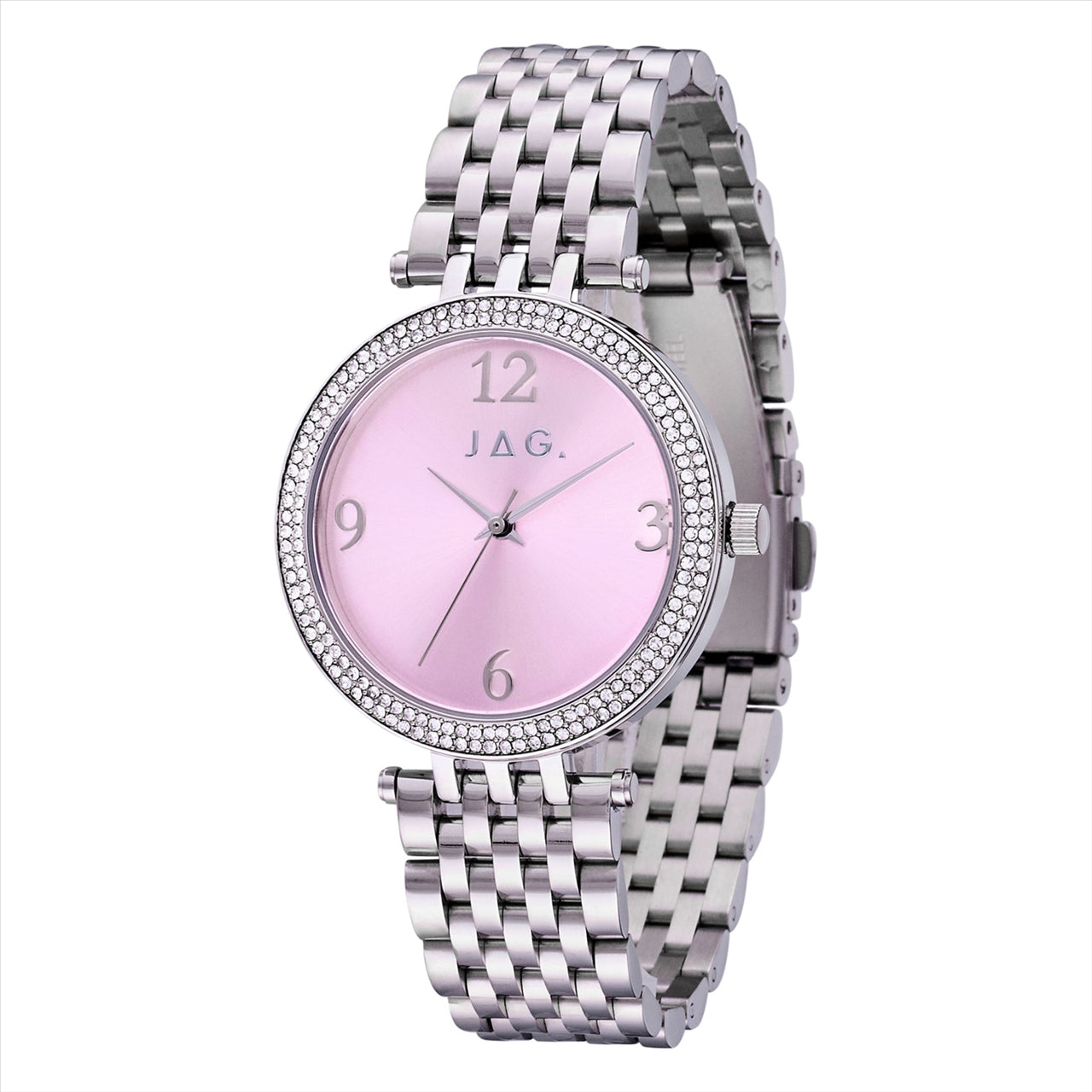 Jag Lalor Pink Dial CZ Face 36mm Silver Bracelet Strap