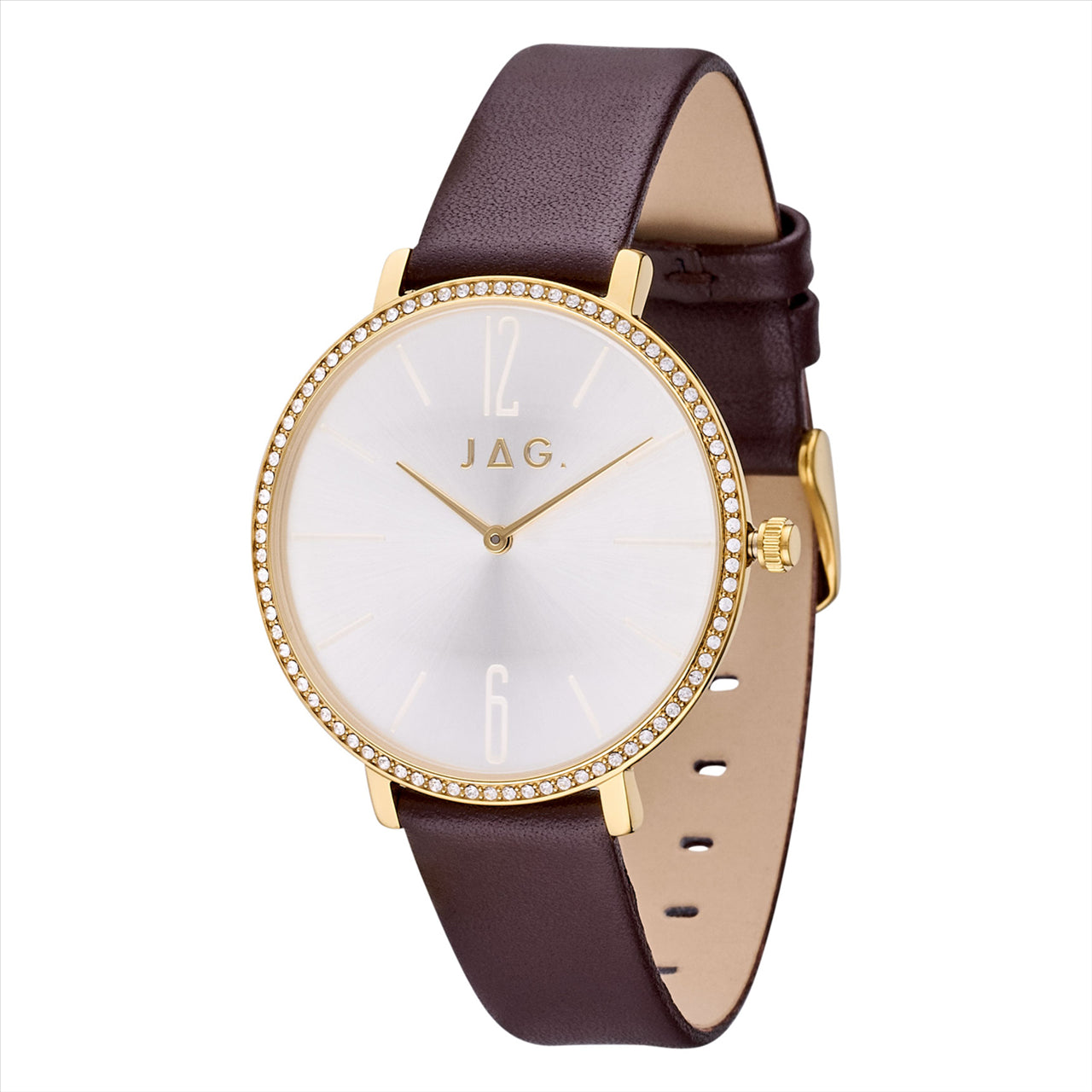 Jag Carine Champagne Dial CZ Gold Case 38mm Brown Strap