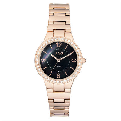 Jag Coolum Black Dial Rose Gold CZ Case 32.5mm Steel Strap