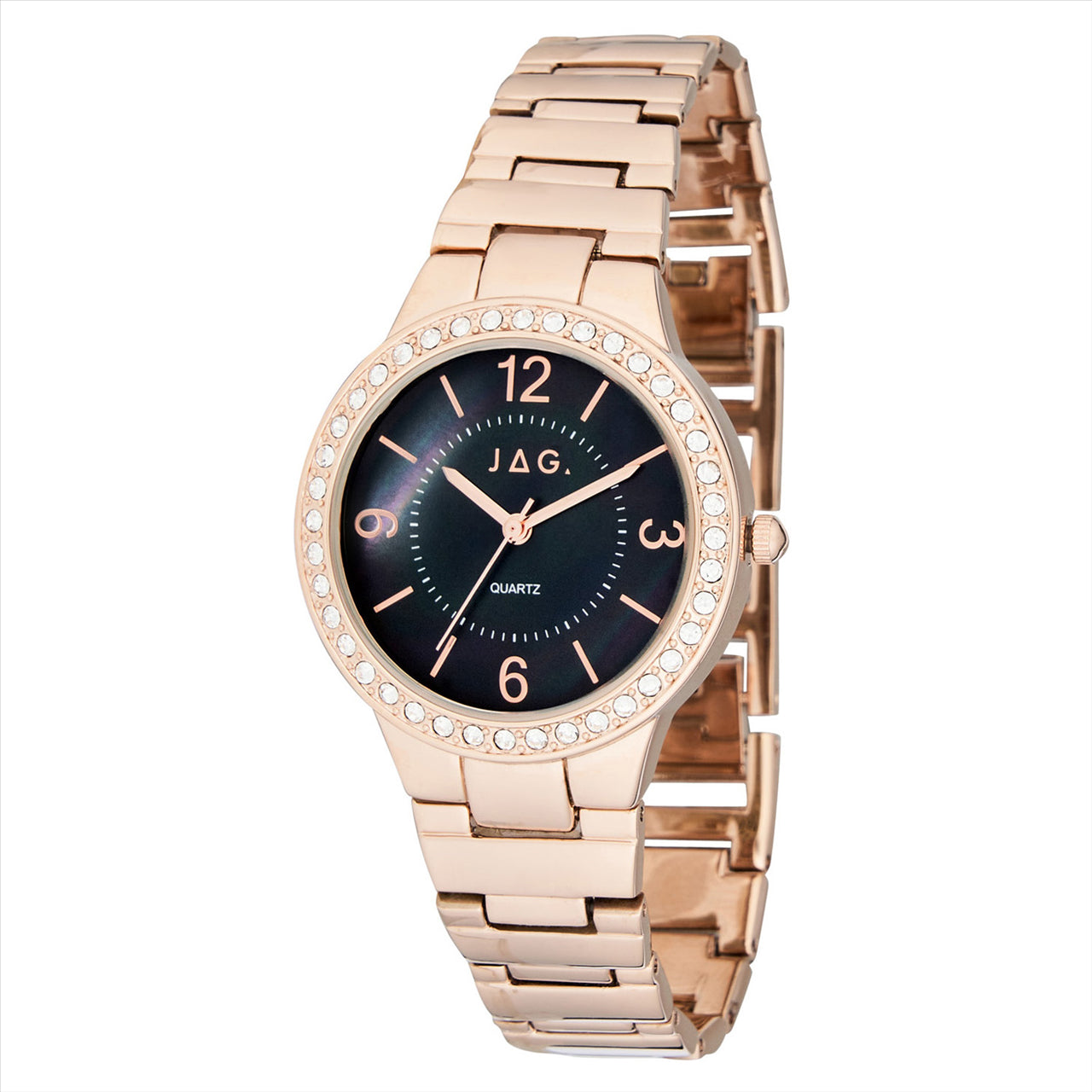Jag Coolum Black Dial Rose Gold CZ Case 32.5mm Steel Strap