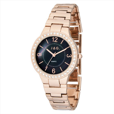 Jag Coolum Black Dial Rose Gold CZ Case 32.5mm Steel Strap