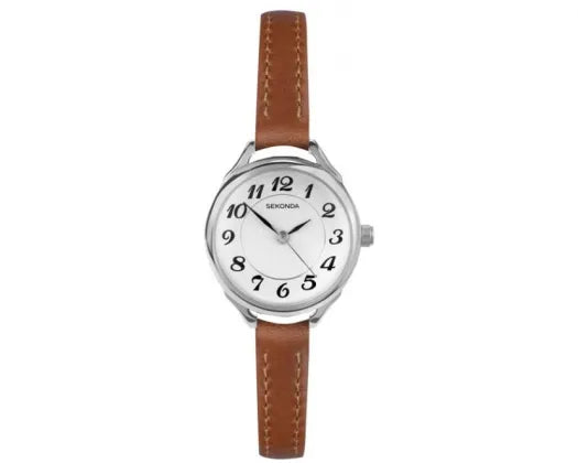Sekonda Watch Classic Silver Face/White Dial Brown Leather Band 25mm