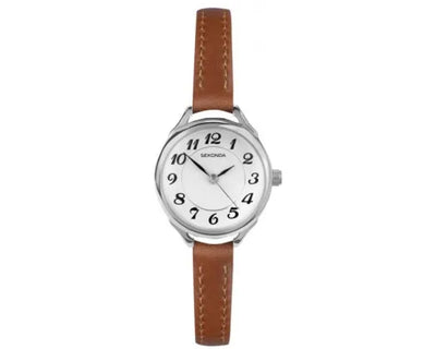 Sekonda Watch Classic Silver Face/White Dial Brown Leather Band 25mm
