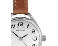 Sekonda Watch Classic Silver Face/White Dial Brown Leather Band 25mm
