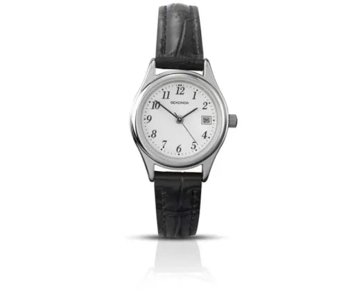 Watch Silver Face/White Dial Black Leather 25mm
