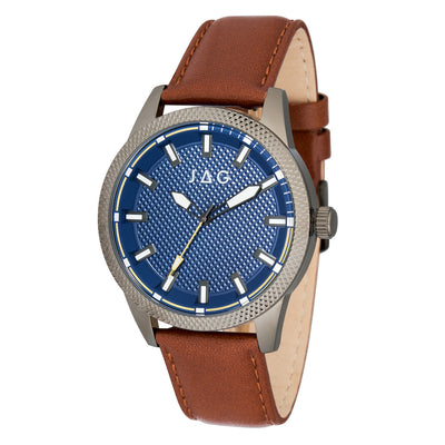 Jag Belmont Blue Dial Gunmetal Case 45mm Brown Leather