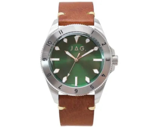 Jag Windsor Green Dial Silver Case 44mm Brown Leather Strap