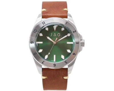 Jag Windsor Green Dial Silver Case 44mm Brown Leather Strap