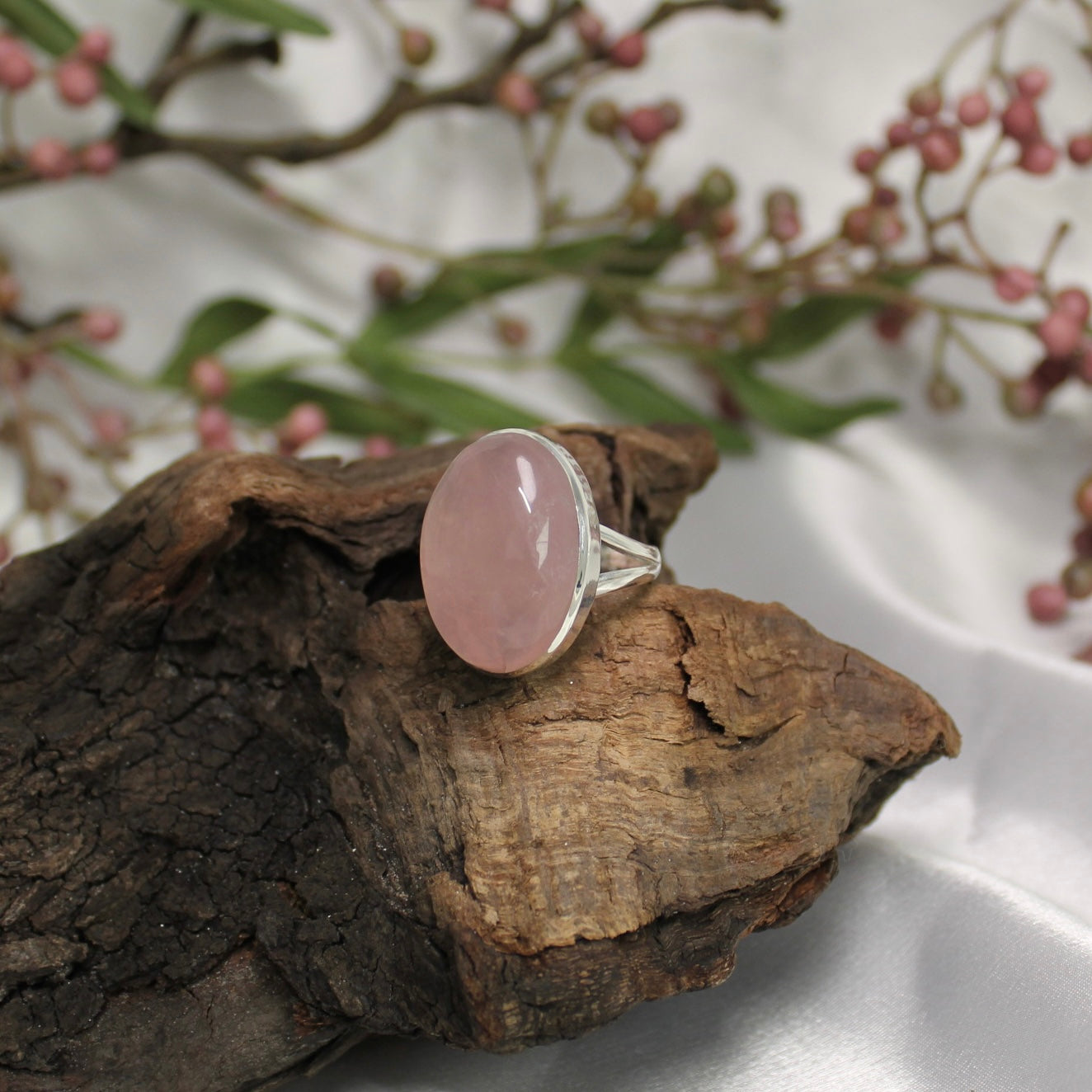Sterling Silver Oval Shape Rose Quartz Bezel Set Ring