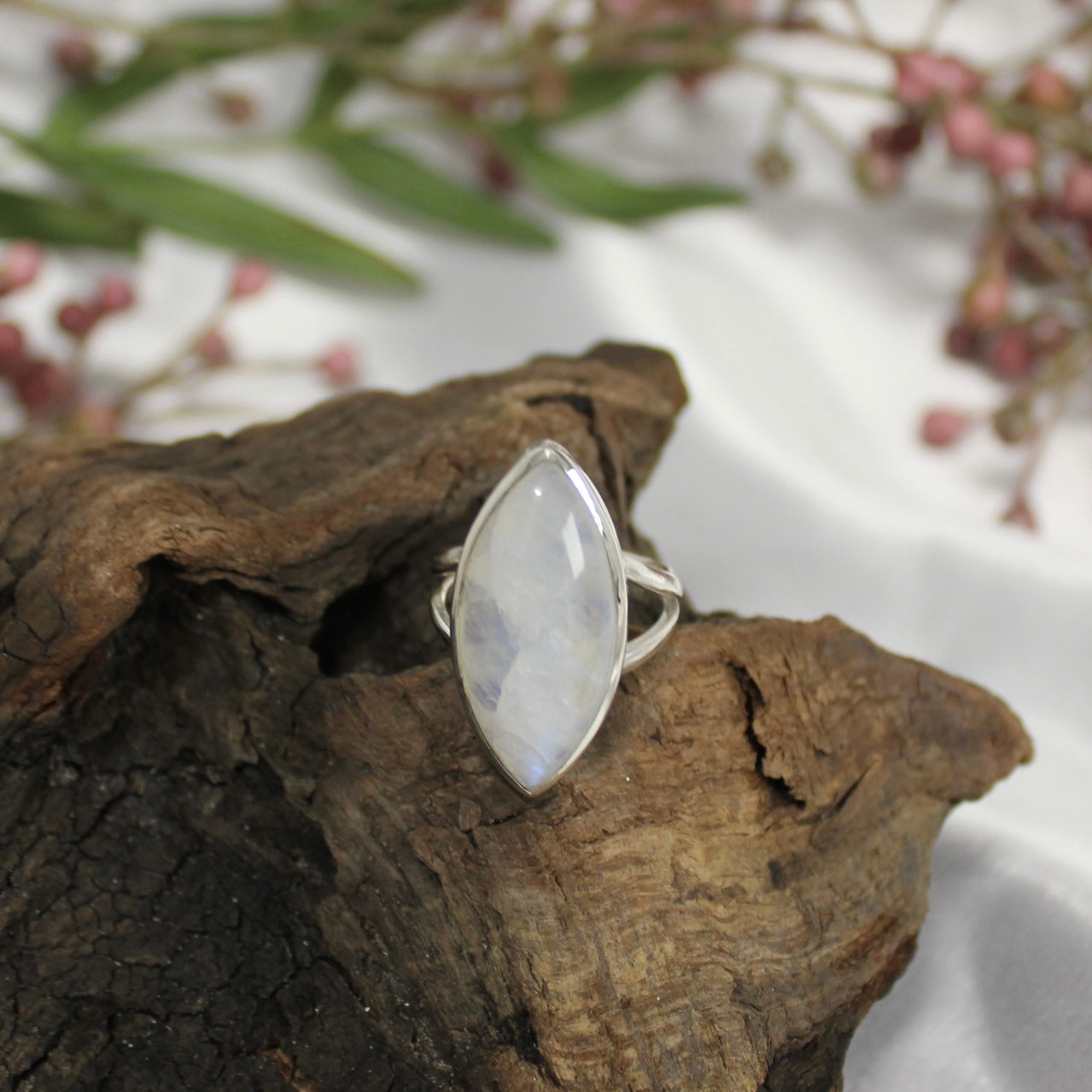 Sterling Silver Marquise Shape Moonstone Bezel Set Ring