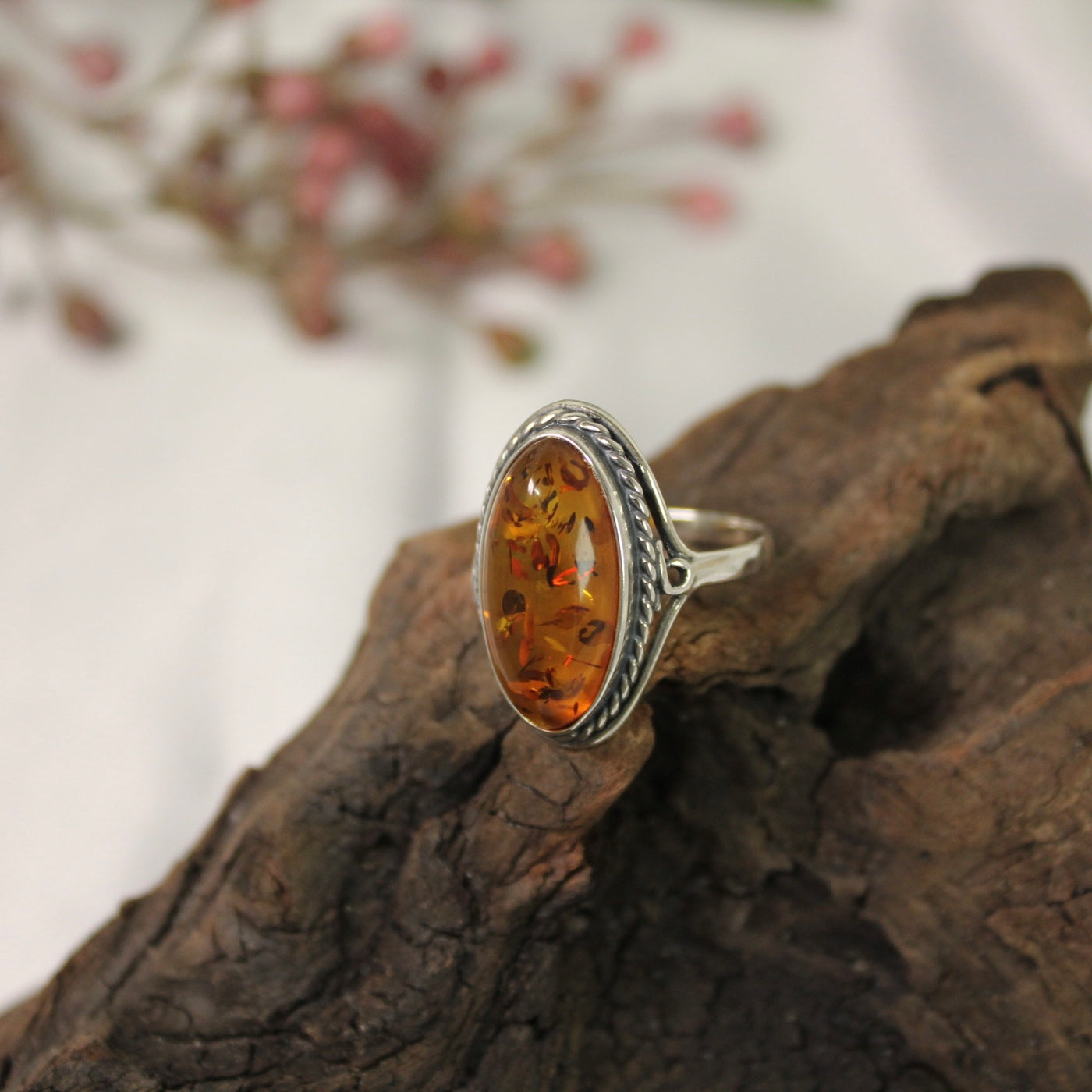 Sterling Silver Oval Red Amber With Outer Wire Pattern Ring