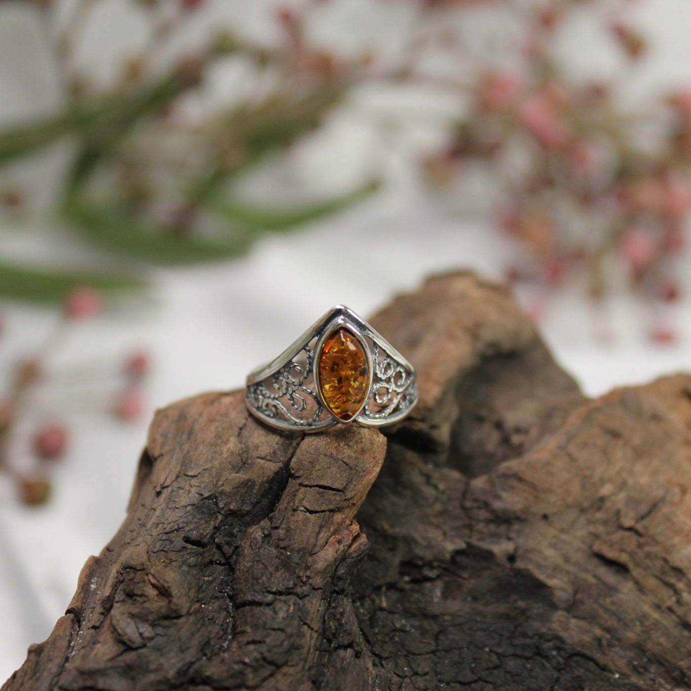Sterling Silver Red Amber V-Shape Ring