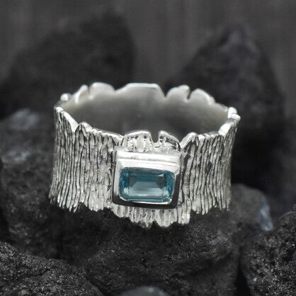 Blue Topaz Emerald Cut Organic Texture Ring