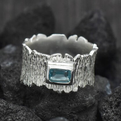Blue Topaz Emerald Cut Organic Texture Ring