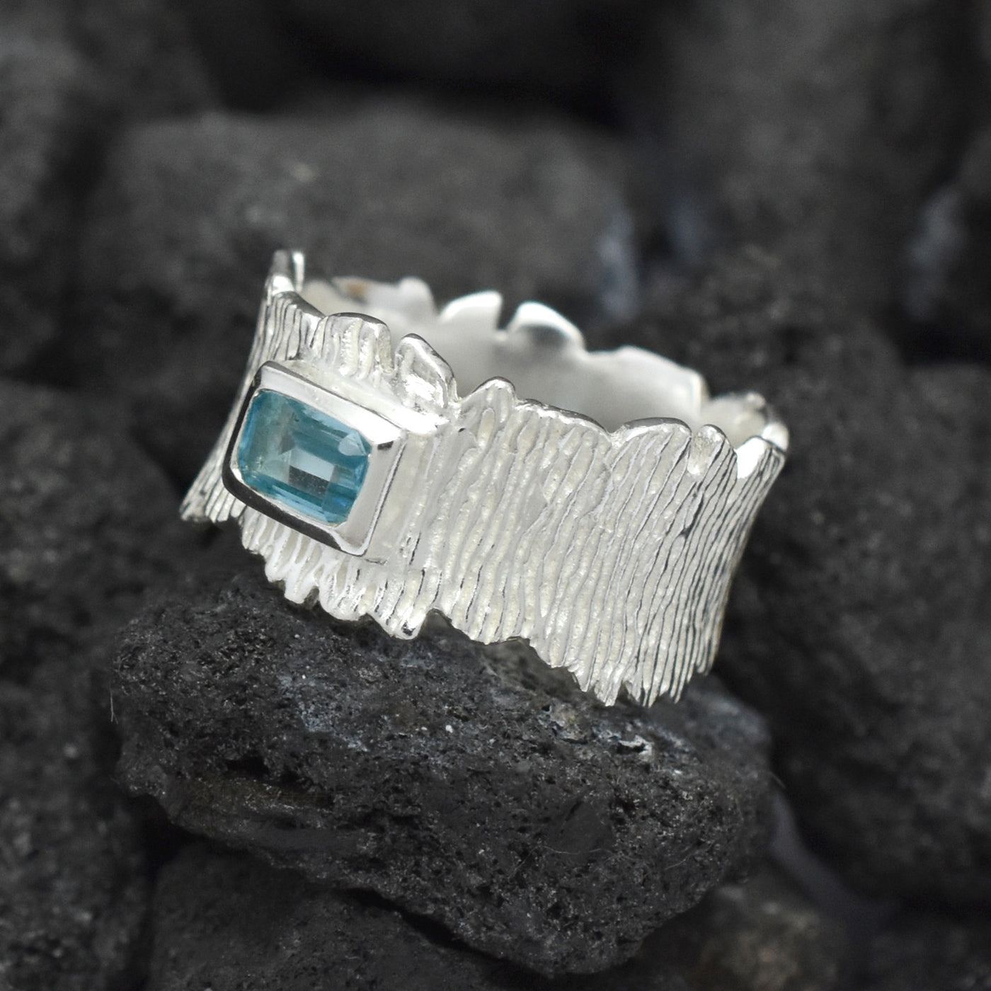 Blue Topaz Emerald Cut Organic Texture Ring