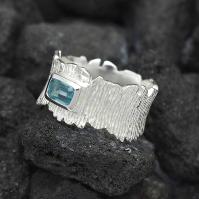 Blue Topaz Emerald Cut Organic Texture Ring
