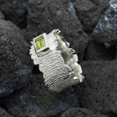 Peridot Emerald Cut Organic Texture Ring