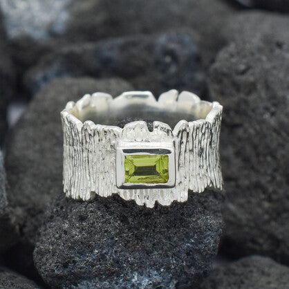Peridot Emerald Cut Organic Texture Ring