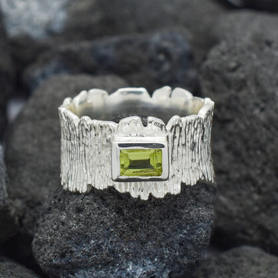 Peridot Emerald Cut Organic Texture Ring