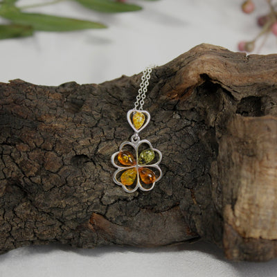 Sterling Silver Flower Style 3-Tone Amber Pendant