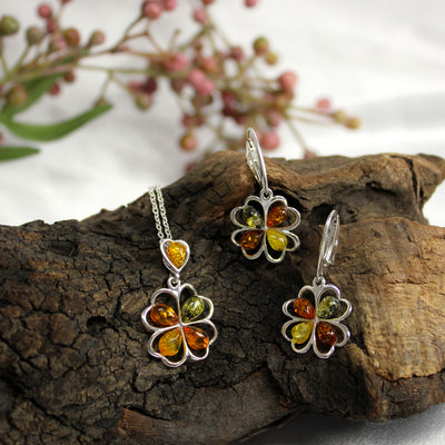 Sterling Silver Flower Style 3-Tone Amber Pendant