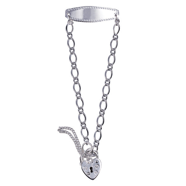 Sterling Silver Oval Figaro Baby ID Bracelet with Heart Locket