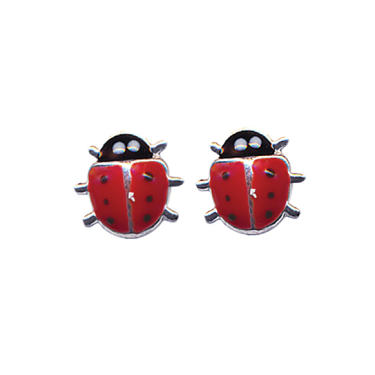 Sterling Silver Red Enamel Lady Bettle Earring Studs