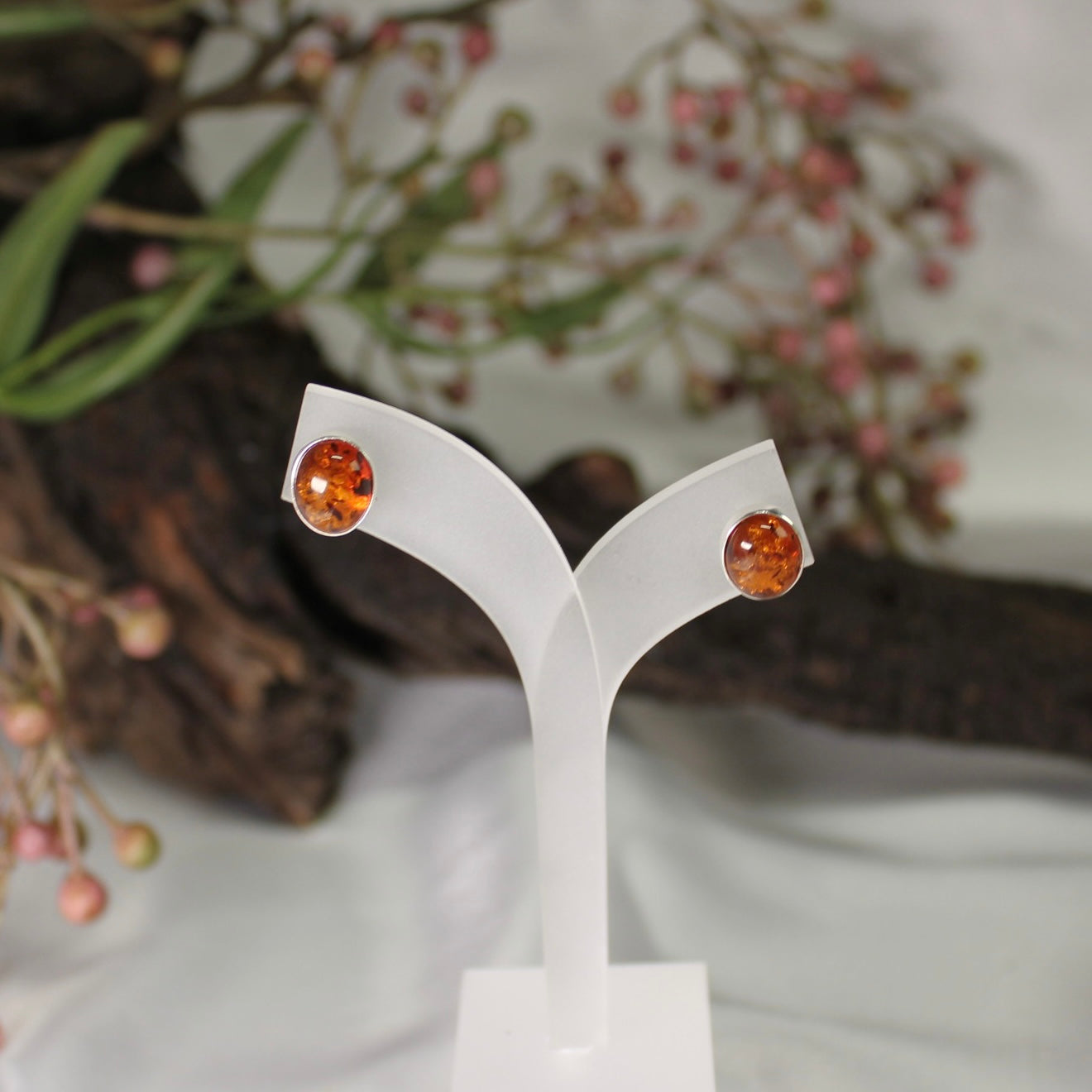 Sterling Silver Oval Shape Red Amber Earring Studs