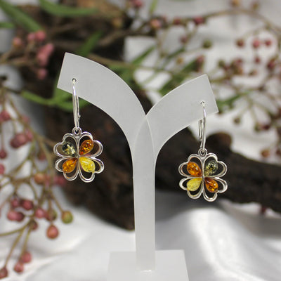 Sterling Silver Amber Mutli Color Clover Lever Earrings