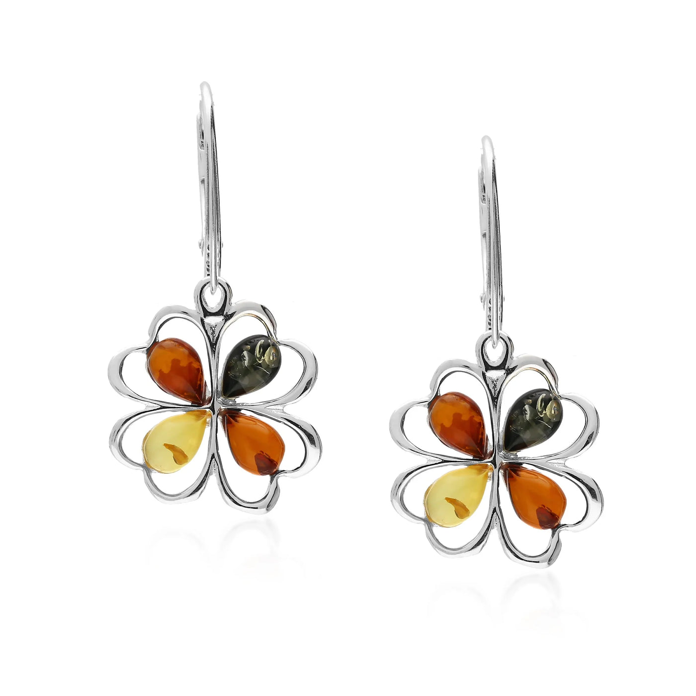 Sterling Silver Amber Mutli Color Clover Lever Earrings