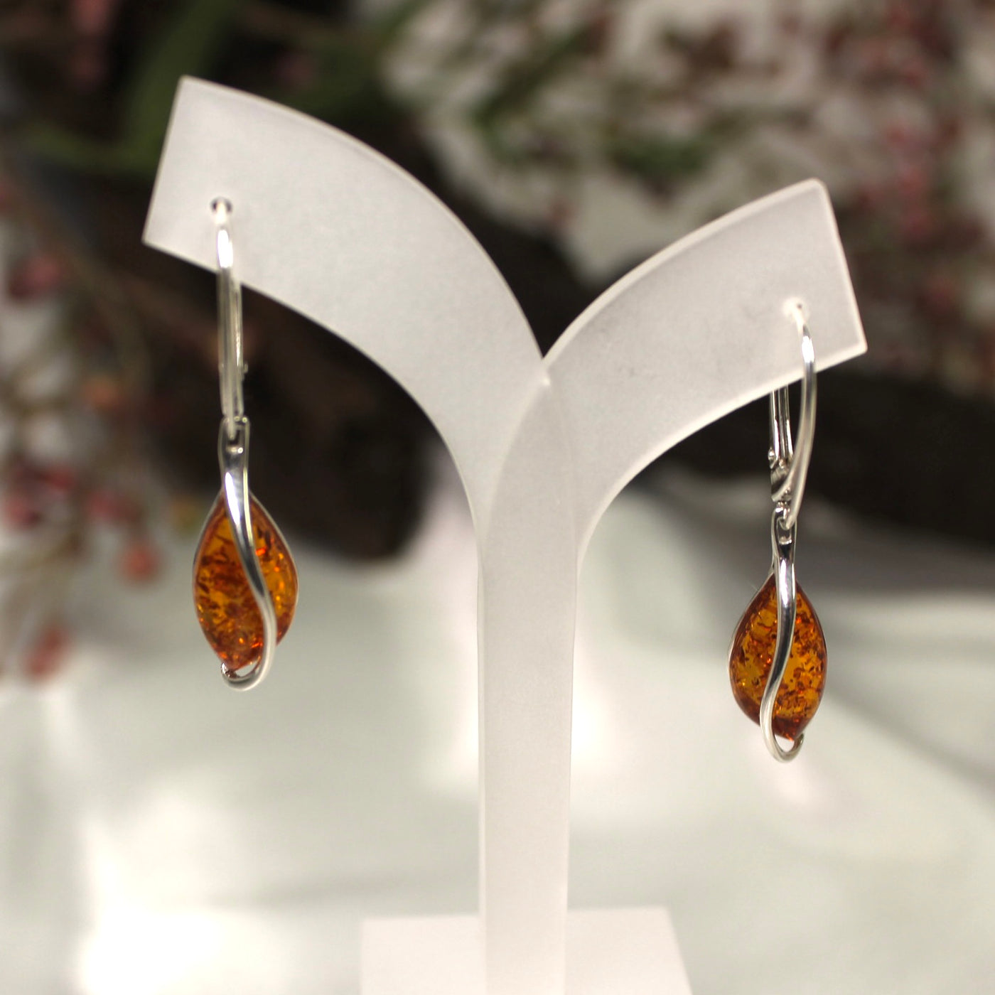 Sterling Silver Red Amber Encased Drop Lever Earrings