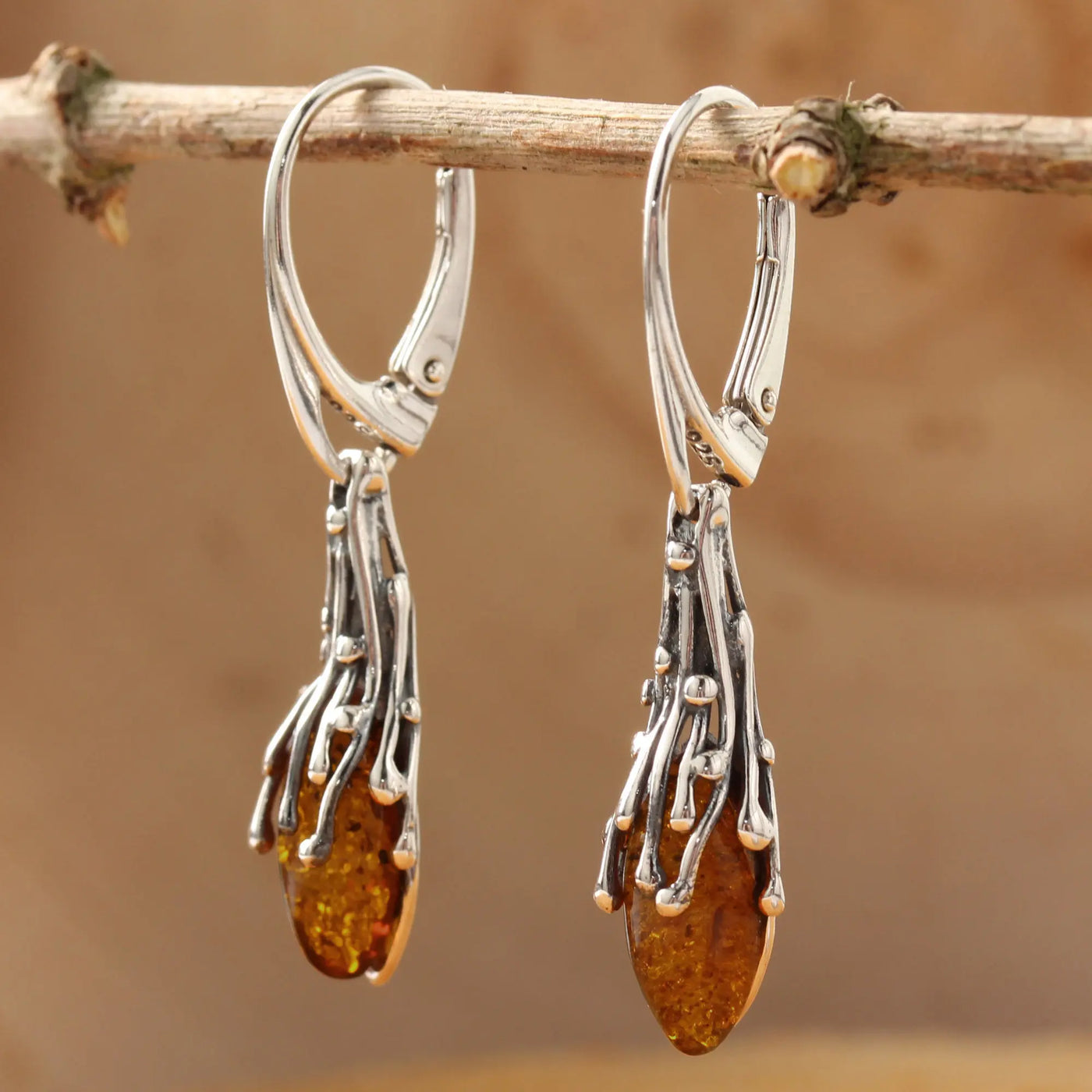 Sterling Silver Amber Drop Lever Earrings