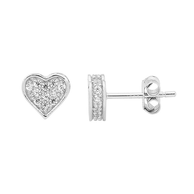 Sterling Silver Heart Studs with Cubic Zirconia Pavé Set