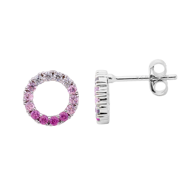 Open Circle Tri Pink CZ Stud Earrings