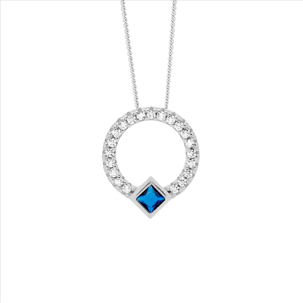 Open Circle Pendant with Blue Baguette CZ