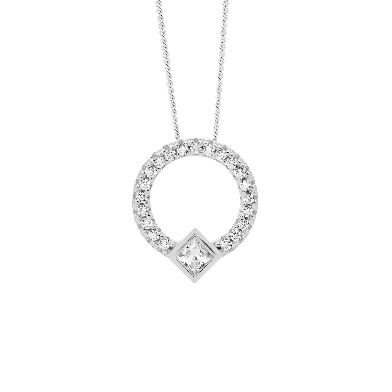 Ellani White CZ 13mm Open Circle w/Princess Cut Bezel Set Pendant Necklace