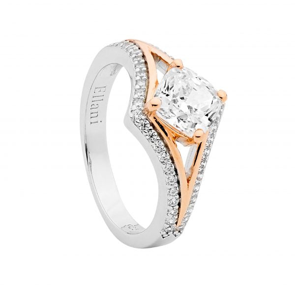 CZ Open V Cushion Ring 18ct Rose Plated Gold