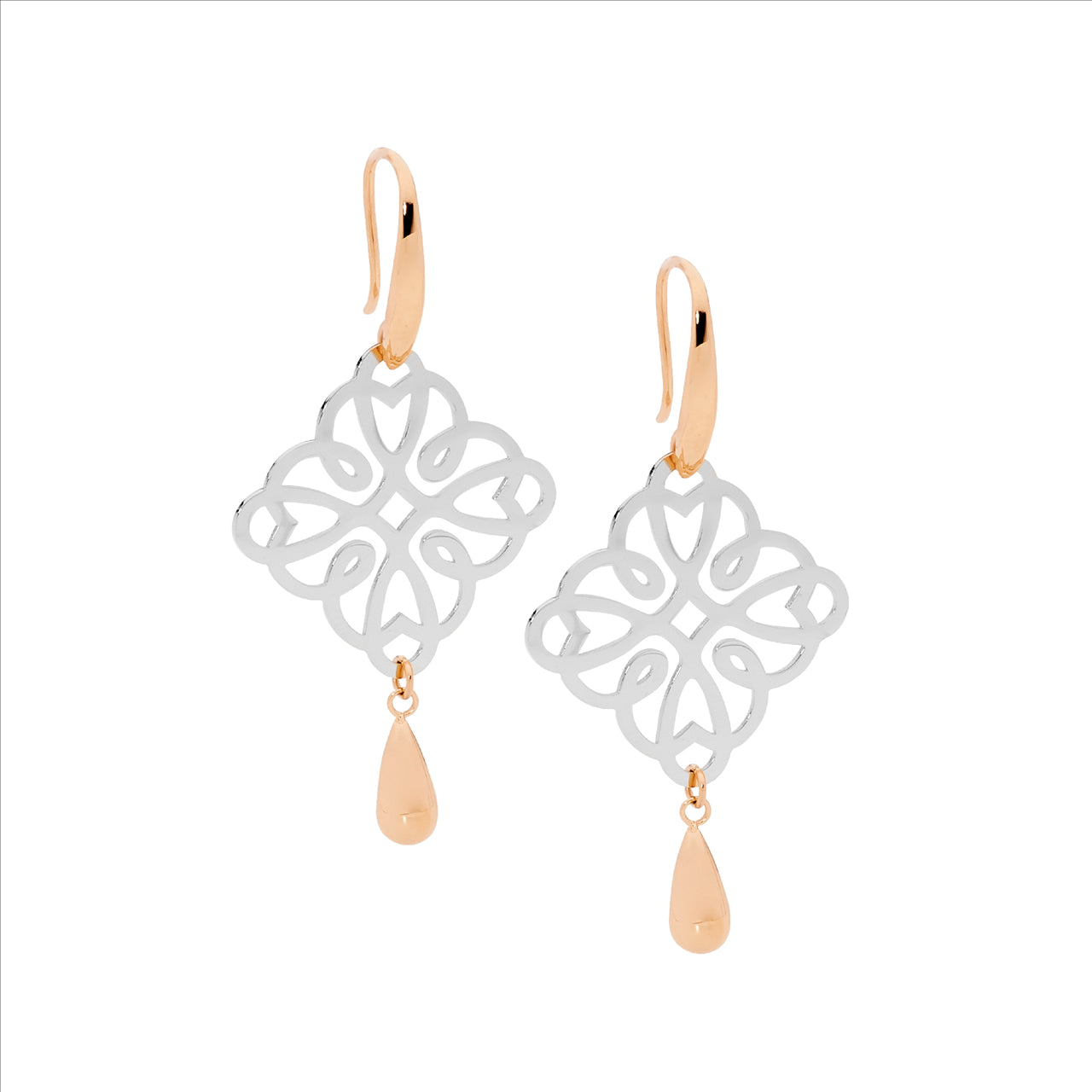 Ellani Filigree Square Tear Drop Earring 2 Tone 18ct Rose Gold Plated